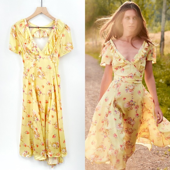 byTimo Dresses & Skirts - byTimo Floral Wrap Midi Dress Vintage Yellow XS